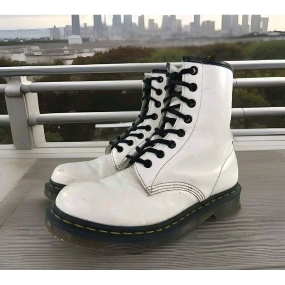 Dr. Martens White Leather 8-Eye Combat Boots with Black Laces
